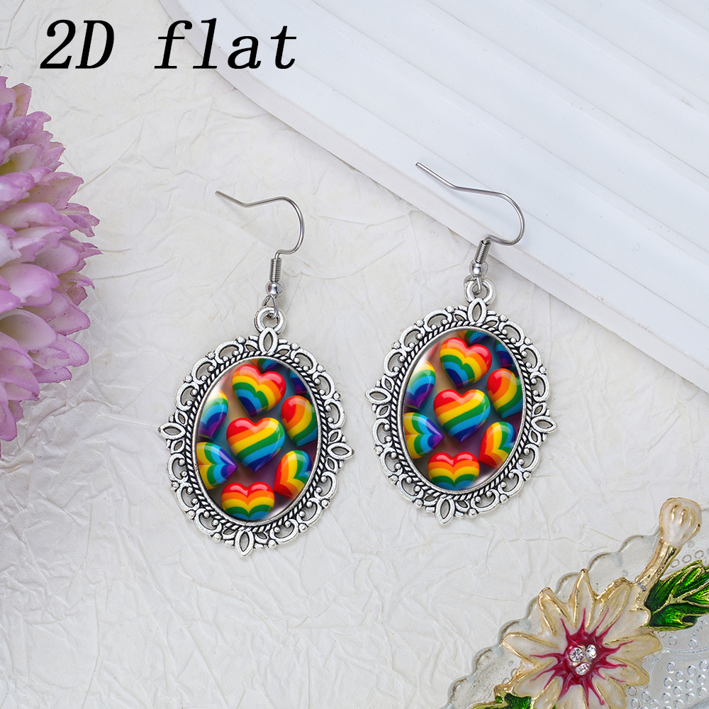 Rainbow Heart Full Pattern Glass Cabochon Earrings